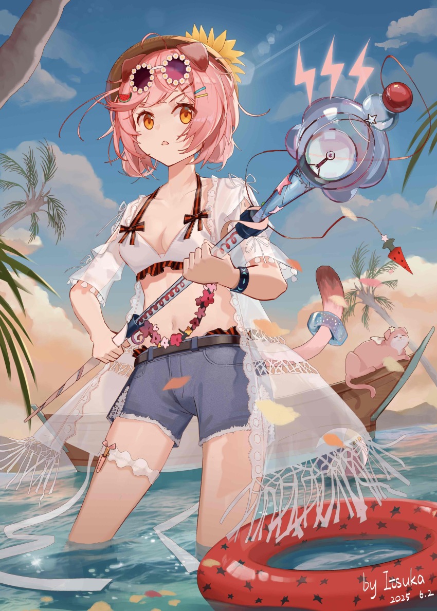 1girl absurdres animal_ears arknights bikini breasts brown_hat canoe cat chinese_commentary cleavage collarbone commentary_request cowboy_shot dated day goldenglow_(arknights) goldenglow_(summer_flowers)_(arknights) hair_ornament hairclip hat highres holding holding_staff innertube itsuka_(pixiv90988220) lens_flare lightning_bolt_symbol medium_breasts navel non-circular_lens_flare official_alternate_costume open_mouth orange_eyes outdoors pink_cat pink_hair pink_tail round_eyewear scottish_fold see-through_clothes short_hair solo staff standing swim_ring swimsuit tail triangle_mouth wading water white_bikini