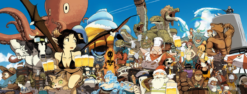+_+ 6+boys 6+girls absurdres alcohol barrel beer beer_mug bikini bikini_top_only bird black_bikini black_hair blonde_hair breasts carrying_overhead cat chef_hat chicken cleavage closed_eyes cooking crab cup dragon dragon_wings drinking drinking_glass drinking_straw fang fangs fins goblin goggles goggles_on_head grill grilling hat hatsuga_(dmaigmai) head_fins highres holding holding_cup holding_drinking_glass horns horse hot_dog hydra lamia large_breasts long_hair looking_at_another looking_away mermaid minotaur monster_girl mug multiple_boys multiple_girls navel octopus open_mouth original pelican pig pointy_ears pointy_nose ponytail rainbow sailor_hat santa_hat short_hair skeleton sketch slime_girl snake straw_hat sun_hat swimsuit table tentacles translation_request water white_hat wings
