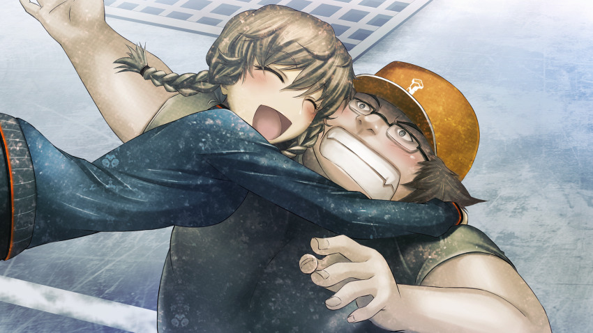 1boy 1girl amane_suzuha arm_up arms_around_neck beret bike_shorts blue_jacket blush braid brown_hair clenched_teeth fat fat_man father_and_daughter floating_hair game_cg glasses glomp green_shirt grey_eyes hair_between_eyes hair_tie happy hashida_itaru hat head_hug high_collar highres hug huke jacket long_sleeves non-web_source nostrils official_art open_mouth outdoors outstretched_arms parted_lips pouncing ringed_eyes shiny_lips shiny_skin shirt square_pupils steins;gate steins;gate:_my_darling&#039;s_embrace t-shirt teeth tongue track_jacket twin_braids twintails yellow_hat