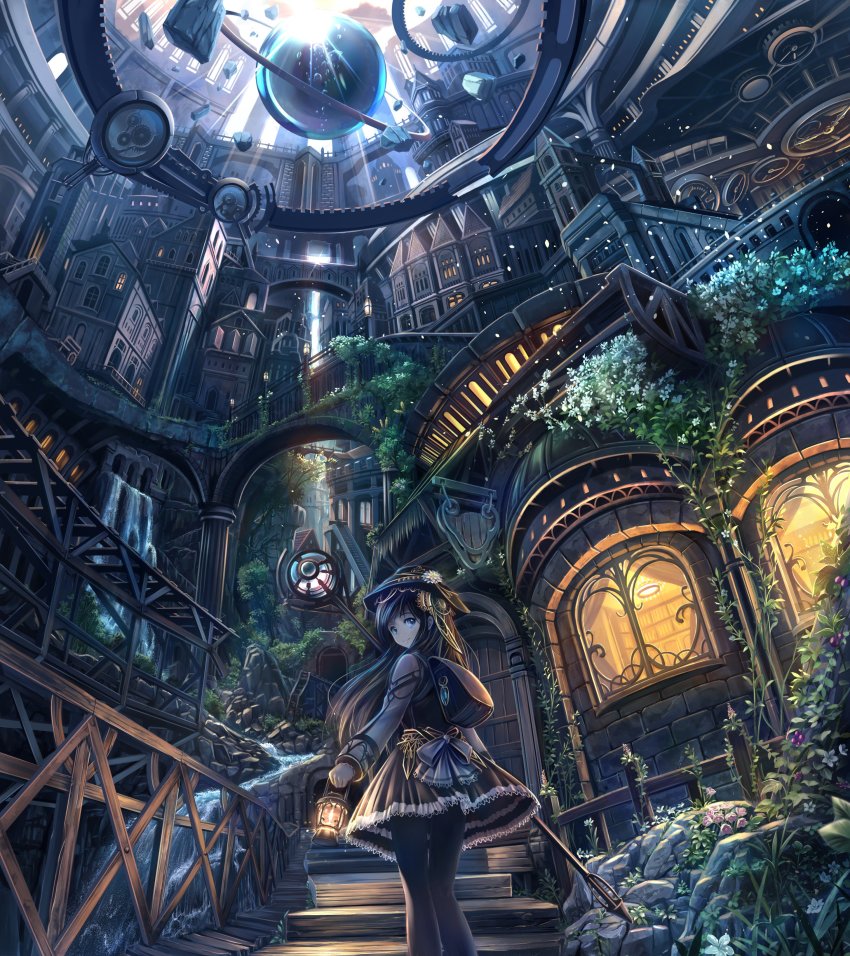 1girl absurdly_detailed_composition absurdres architecture backpack bag black_hair black_pantyhose blue_eyes bookshelf cart cloud complex_exterior fantasy female_focus fence flower gears hat highres lamp lamppost lantern long_hair looking_at_viewer looking_back original outdoors pantyhose plant pullcart railing railroad_tracks reflection scenery skirt solo soraizumi staff standing tunnel vines water waterfall