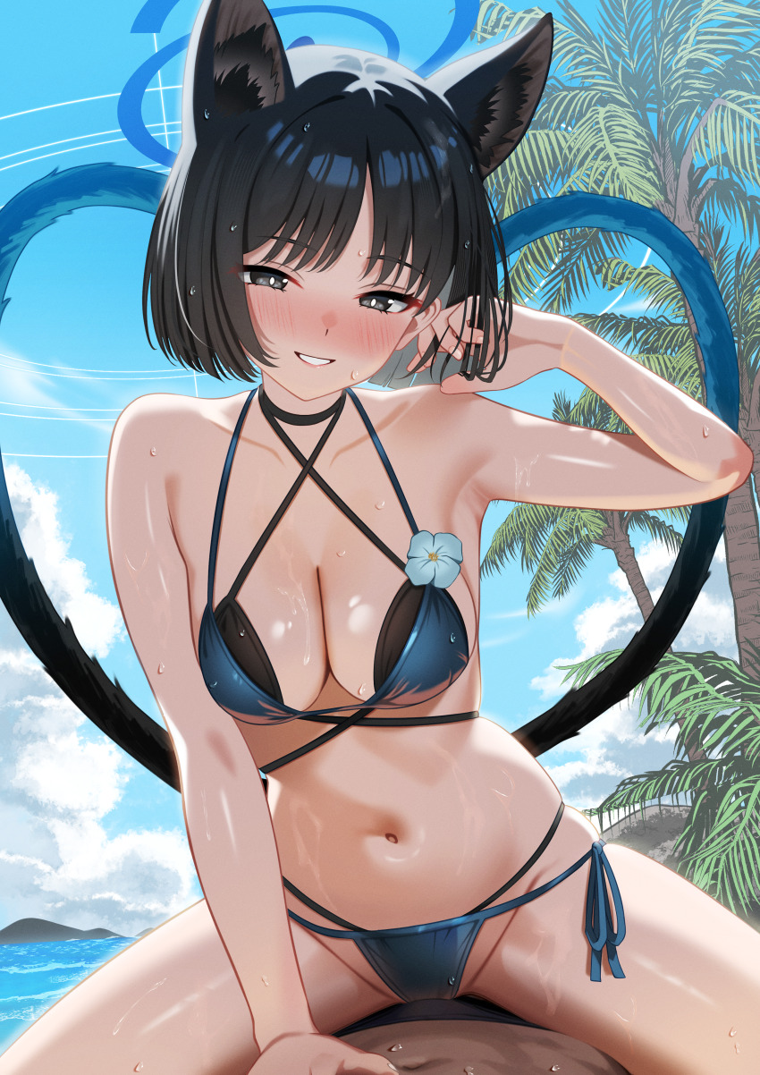 1boy 1girl absurdres animal_ears assertive_female bare_arms bikini black_choker black_hair black_male_swimwear black_tail blue_archive blue_bikini blue_flower blue_halo blue_sky blue_tail blush breasts bright_pupils cat_ears cat_girl cat_tail choker cleavage criss-cross_halter criss-cross_straps flower girl_on_top gradient_tail grey_eyes halo halterneck hand_in_own_hair hand_on_another&#039;s_stomach hand_up hetero highres kikyou_(blue_archive) kikyou_(swimsuit)_(blue_archive) layered_bikini looking_at_viewer male_swimwear medium_breasts mn_(tk-xyz) multi-strapped_bikini_bottom multiple_tails navel nose_blush official_alternate_costume outdoors palm_tree parted_lips pov seductive_smile short_hair side-tie_bikini_bottom sky smile spread_legs stomach straddling string_bikini swimsuit tail tree two_tails wet white_pupils