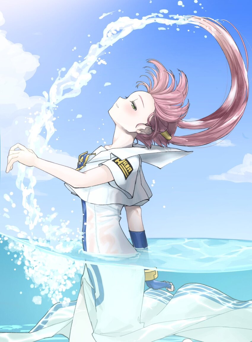 1girl aogirism aria_(manga) aria_company_uniform blue_bow blue_bowtie blue_gloves blue_sky blush bow bowtie bracelet cloud cloudy_sky collarbone commentary_request cowboy_shot day dress fingerless_gloves floating_hair forehead from_side gloves gold_trim green_eyes hair_ornament hair_tubes hand_up head_back highres jewelry looking_at_viewer mizunashi_akari ocean outdoors partially_submerged pink_hair print_dress sailor_collar short_hair_with_long_locks short_sleeves side_slit single_glove sky solo splashing thighs wet wet_clothes white_dress