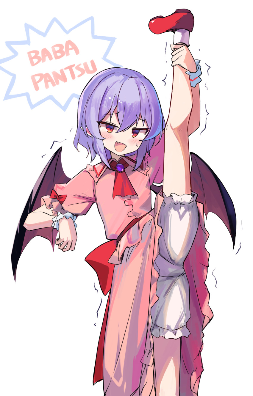 1girl absurdres ascot bat_wings bloomers blush commentary_request dress fang highres holding_own_leg leg_up looking_at_viewer pink_dress puffy_short_sleeves puffy_sleeves purple_hair red_ascot red_eyes red_shoes remilia_scarlet revision ririo_(mitsumatario) shoes short_hair short_sleeves simple_background skin_fang smile solo split standing standing_on_one_leg standing_split sweatdrop touhou trembling underwear white_background white_bloomers wings wristband