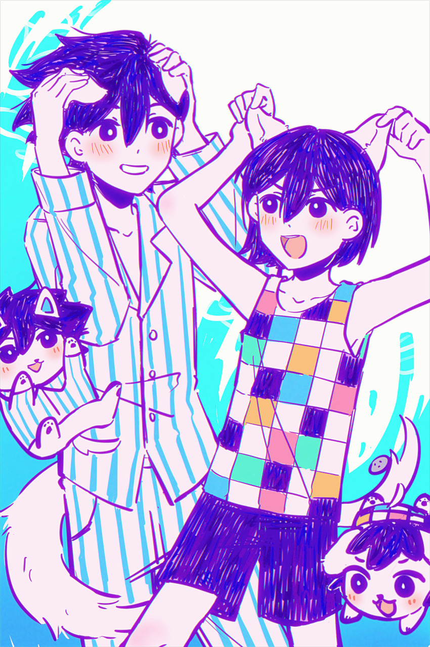 2boys absurdres animal_ears animalization antenna_hair arms_up bailan1130 blush bright_pupils brothers collarbone colored_skin dog dog_boy dog_ears dog_tail grin hero_(headspace)_(omori) hero_(omori) highres kel_(headspace)_(omori) kel_(omori) kemonomimi_mode long_sleeves looking_at_another male_focus multiple_boys omori open_mouth pajamas pants parted_lips person_and_animalization purple_eyes purple_hair purple_shorts short_hair shorts siblings smile tail tank_top teeth white_pupils white_skin