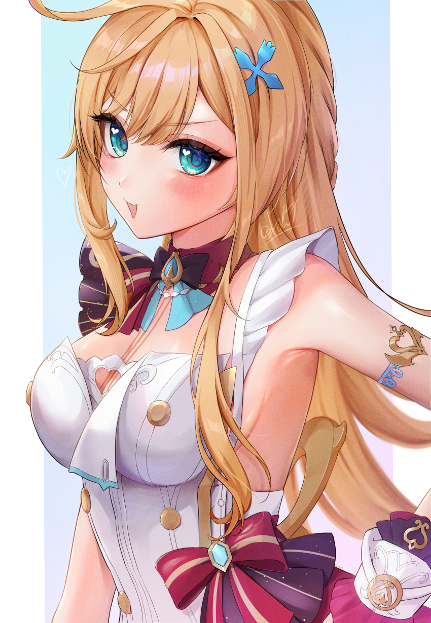 1girl :d absurdres apron aqua_eyes bare_shoulders blonde_hair blush bow breasts escoffier_(genshin_impact) genshin_impact highres large_breasts long_hair looking_at_viewer netarou_(netarou_25) open_mouth red_bow smile solo upper_body very_long_hair white_apron wrist_cuffs