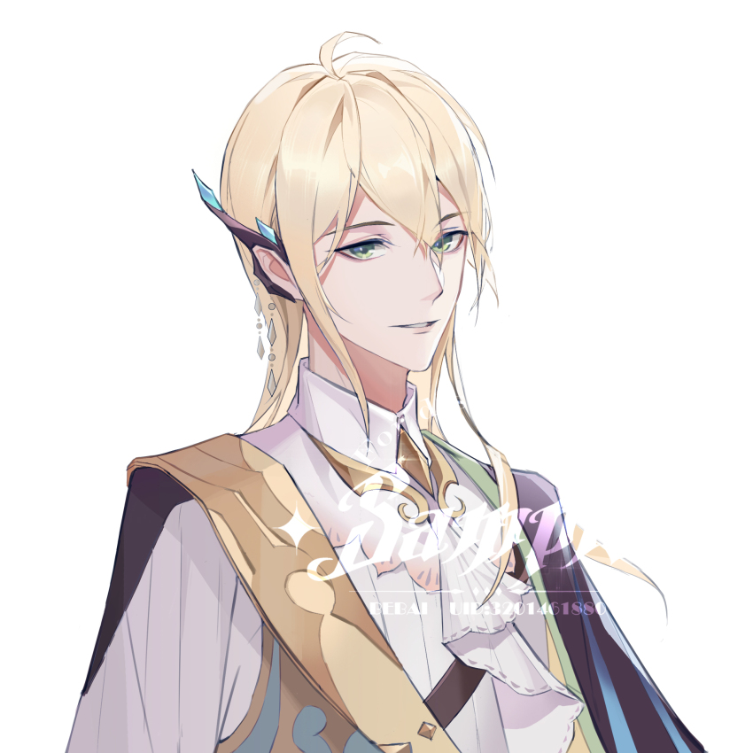 1boy alkaid_mcgrath alkaid_mcgrath_(godheim) ascot bebai black_cape blonde_hair brooch cape chinese_commentary collared_shirt ear_covers green_eyes grey_vest hair_between_eyes highres jewelry lapels long_sleeves looking_at_viewer lovebrush_chronicles male_focus medium_hair parted_lips sample_watermark shawl_lapels shirt side_cape simple_background single_ear_cover smile solo upper_body vest watermark white_ascot white_background white_shirt
