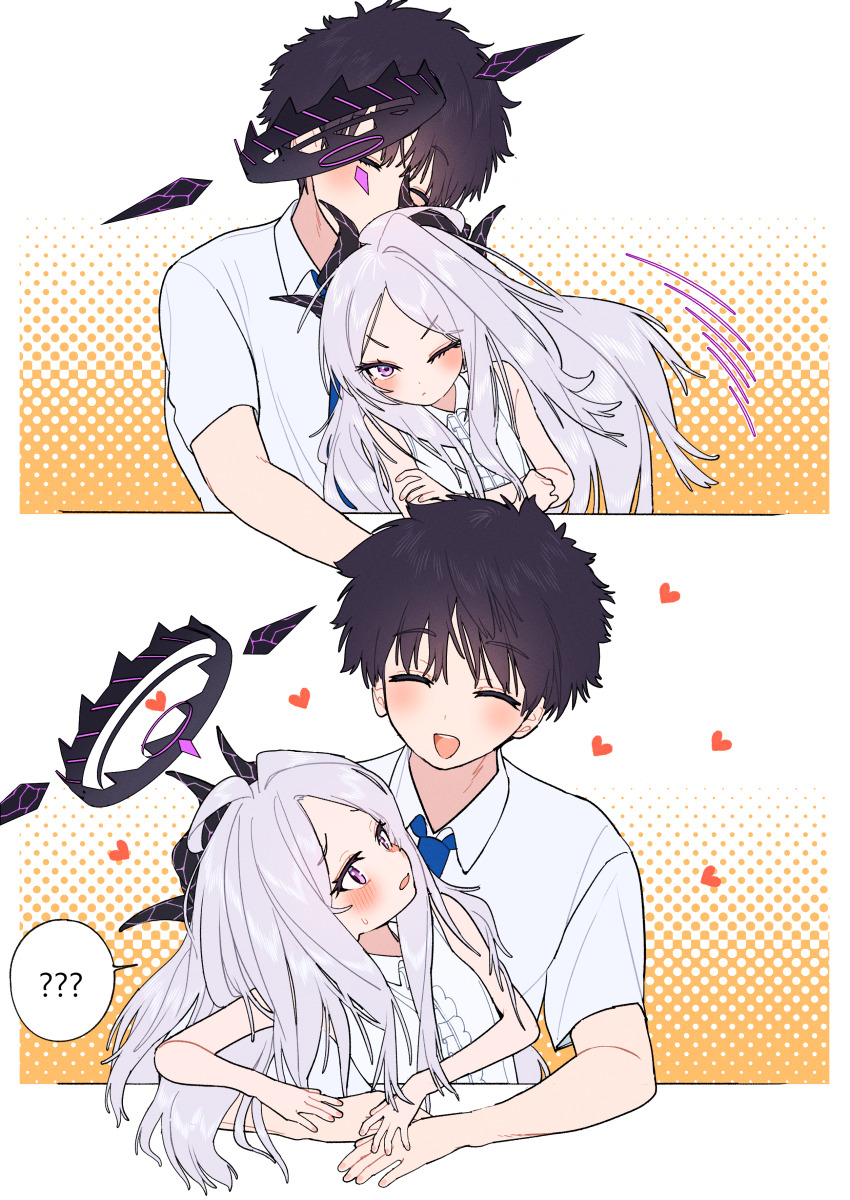1boy 1girl absurdres black_hair blue_archive blue_eyes blue_necktie blush closed_eyes closed_mouth demon_girl demon_horns forehead grey_hair hair_between_eyes highres hina_(blue_archive) horns hug je_o_mo long_hair necktie one_eye_closed open_mouth purple_eyes sensei_(blue_archive) shirt short_hair short_sleeves sidelocks sleeveless sleeveless_shirt sweatdrop white_shirt
