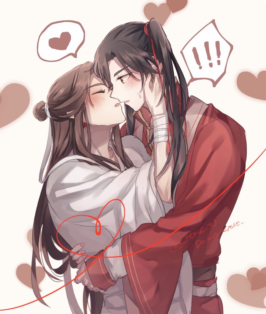 ! !! 2boys alternate_hairstyle artist_name bandaged_arm bandages bishounen black_hair blush brown_eyes brown_hair chinese_clothes closed_eyes commentary earrings hair_bun hair_ribbon hand_on_another&#039;s_face hanfu heart heart_background highres hua_cheng imminent_kiss jewelry long_hair looking_at_viewer male_focus multiple_boys open_mouth parted_bangs parted_lips ponzu_(tms_t3) red_ribbon red_robe ribbon robe san_lang sidelocks simple_background single_hair_bun speech_bubble spoken_exclamation_mark spoken_heart sweatdrop symbol-only_commentary tassel tianguan_cifu twintails twitter_username very_long_hair white_background white_ribbon white_robe xie_lian yaoi