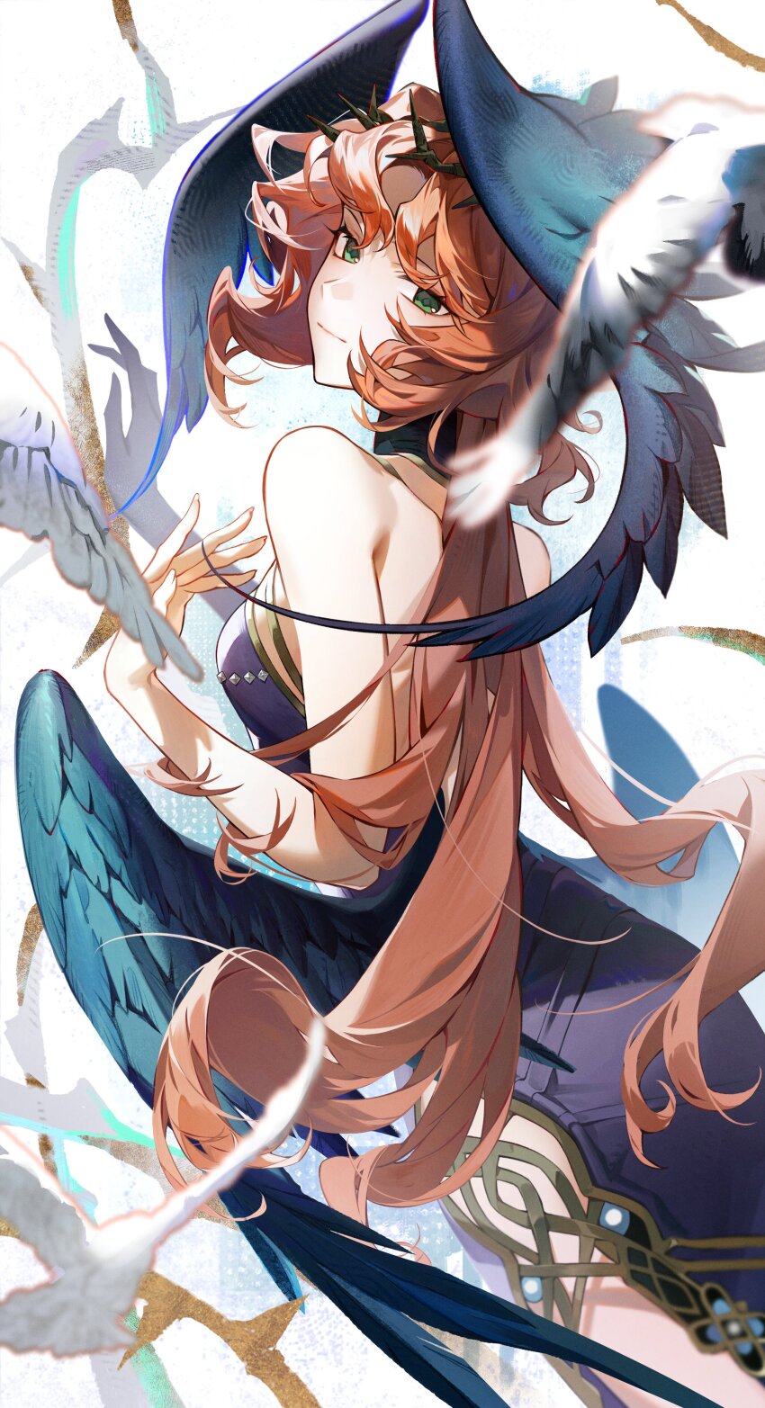 1girl absurdres bare_arms bare_shoulders bird black_wings cheongdan_t closed_mouth crown_of_thorns dress druvis_iii druvis_iii_(shrouded_in_thorns) feathered_wings from_side green_eyes hand_up head_wings highres long_hair looking_at_viewer low_wings official_alternate_costume orange_hair purple_dress reverse:1999 side_slit sleeveless sleeveless_dress smile solo upper_body white_background wings