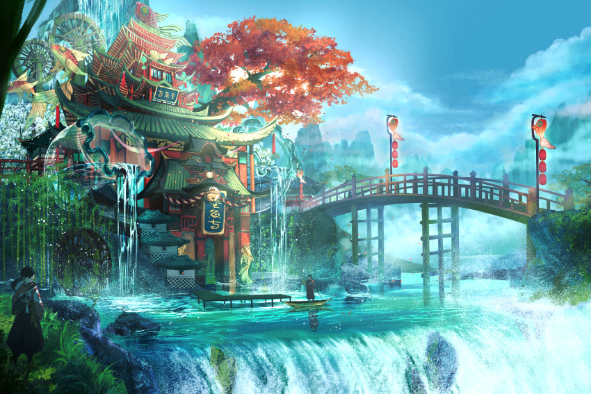 architecture azukimaru bamboo blue_sky bridge building cloud commentary_request day east_asian_architecture fish goldfish grass highres lantern mountain original paper_lantern pier rock scenery sky tree water water_wheel waterfall wooden_bridge