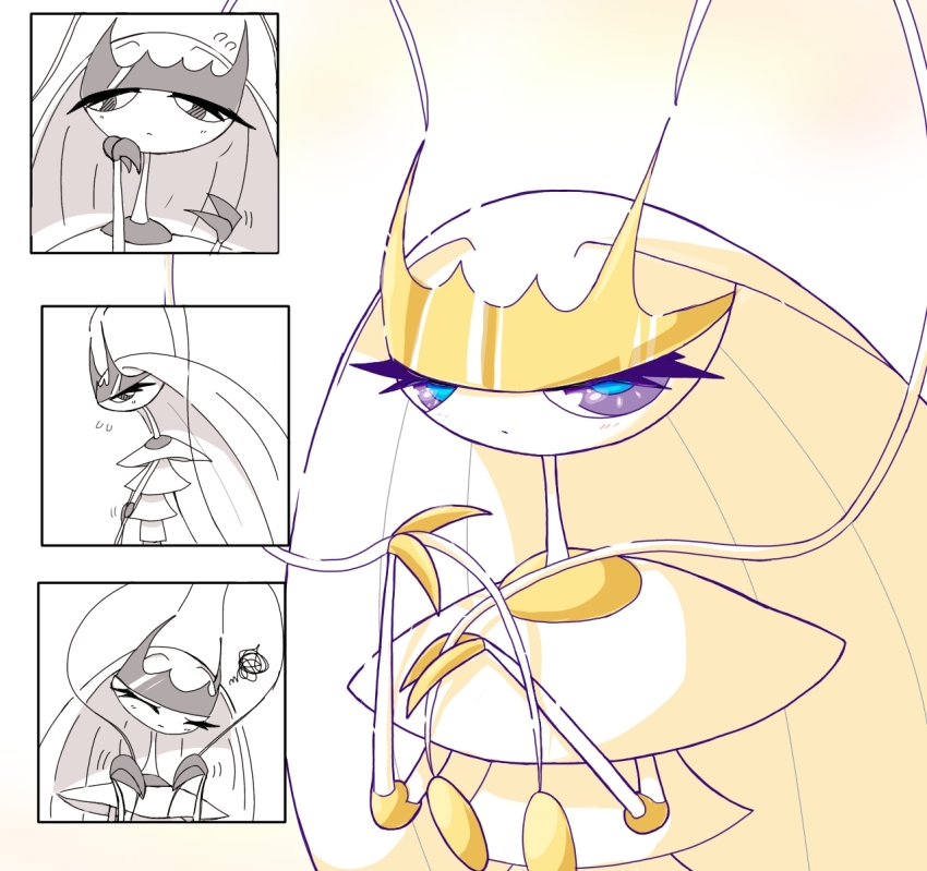 1girl animal_hands antennae arthropod_girl averting_eyes big_hair blue_pupils closed_mouth dot_mouth female_focus flying_sweatdrops furry furry_female gen_7_pokemon hand_on_own_chin hands_up highres holding_antenna joints long_hair looking_at_viewer looking_to_the_side monya nintendo pheromosa pokemon pokemon_(creature) purple_eyes shy simple_background solo squiggle ultra_beast white_background white_hair