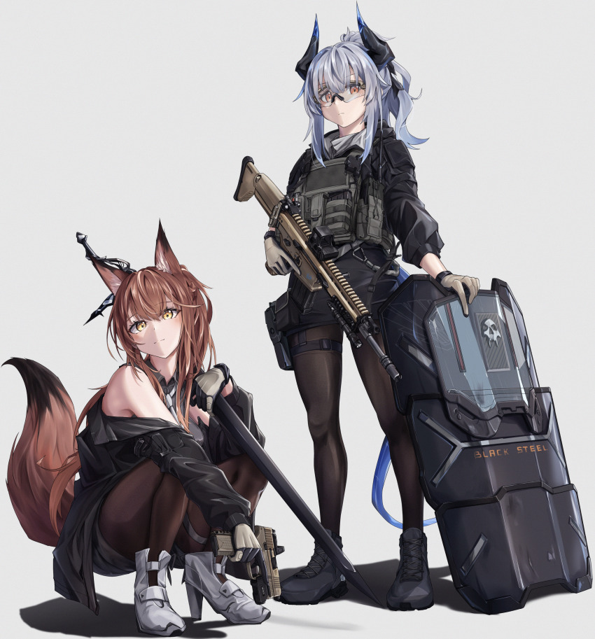absurdres alternate_costume animal_ear_fluff animal_ears arknights assault_rifle ballistic_shield bare_shoulders black_boots black_jacket black_pantyhose black_shirt black_skirt blush boots bulletproof_vest closed_mouth clov3r fn_scar franka_(arknights) glasses gloves grey_gloves grey_hair grey_shirt gun hair_between_eyes handgun high_heels highres holding holding_gun holding_shield holding_sword holding_weapon horns jacket liskarm_(arknights) looking_at_viewer necktie pantyhose pencil_skirt ponytail red_eyes rifle shield shirt sidelocks skirt sleeveless sleeveless_shirt smile squatting sword tail weapon white_boots white_necktie yellow_eyes