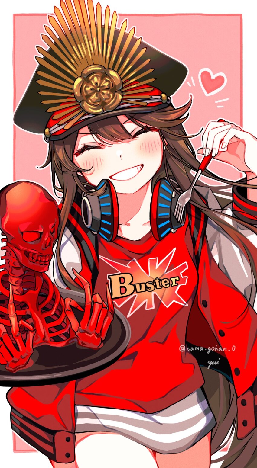 1girl ^_^ artist_name black_hat blush border brown_hair buster_shirt closed_eyes clothes_writing commentary cowboy_shot double_m/ facing_viewer fate/grand_order fate_(series) fork grin hat head_tilt headphones headphones_around_neck heart highres holding holding_fork holding_plate jacket letterman_jacket long_hair long_sleeves m/ oda_nobunaga_(fate) oda_nobunaga_(swimsuit_berserker)_(fate) oda_nobunaga_(swimsuit_berserker)_(first_ascension)_(fate) oda_uri open_clothes open_jacket outline outside_border peaked_cap pink_background plate red_jacket red_shirt shirt signature simple_background skeleton smile solo white_border white_outline yui_(tamagohan)