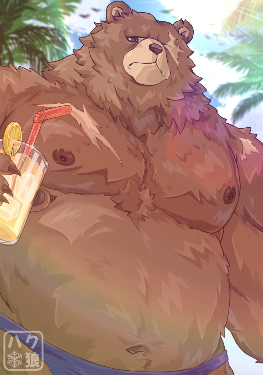 1boy animal_ears artist_name bara bare_pectorals bear_boy bear_ears belly ben_bigger biceps bird blue_male_swimwear blue_sky brown_fur closed_mouth cloud cloudy_sky coconut_tree commentary cup drinking_straw english_commentary fat furry furry_male ha0haku highres holding holding_cup lemonade looking_to_the_side male_focus male_swimwear navel nipples palm_tree pectorals plump scar scar_across_eye scar_on_face signature sky sliced_fruit topless_male tree zenless_zone_zero