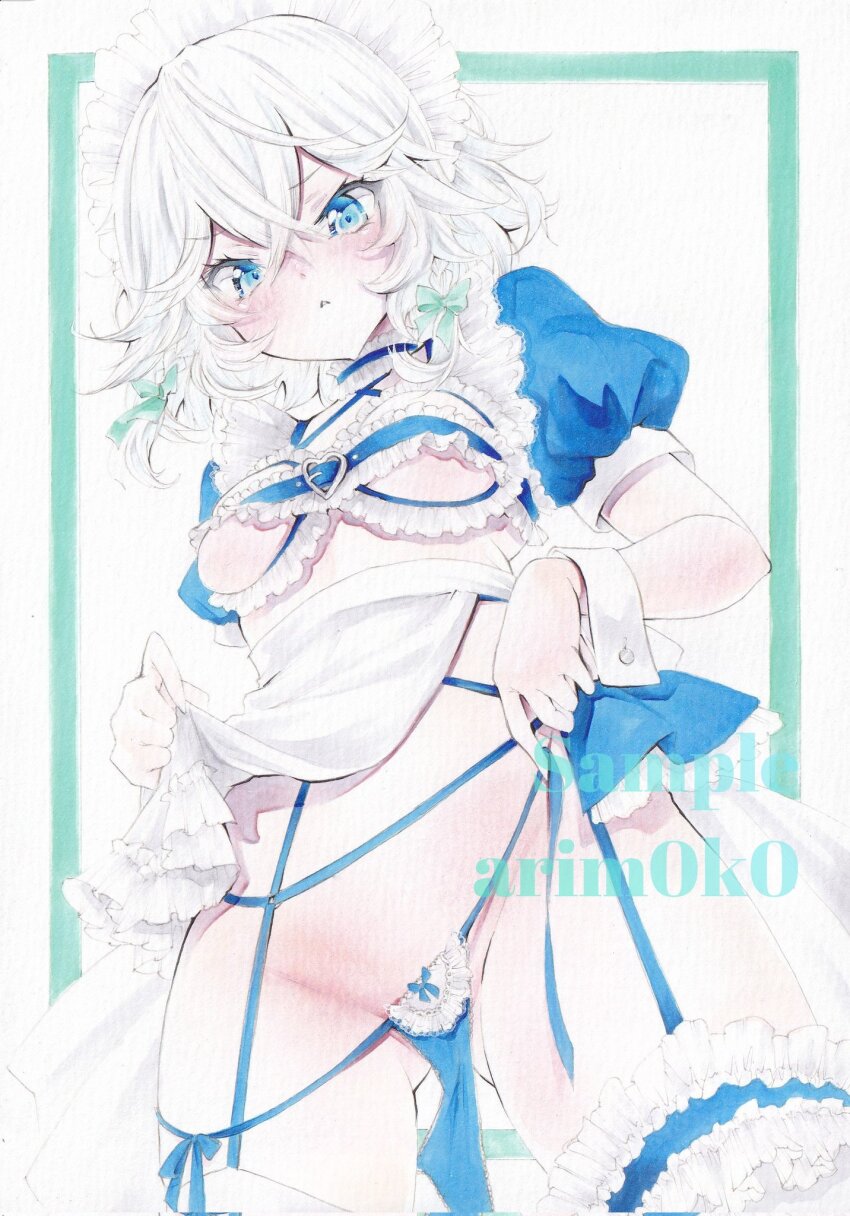 1girl apron arim0k0 artist_name blue_eyes blue_panties blush border braid breasts closed_mouth clothing_aside commentary crossed_bangs frills green_border groin highres izayoi_sakuya lingerie looking_at_viewer maid maid_headdress marker_(medium) medium_breasts medium_hair panties panties_aside sample_watermark side_braids solo touhou traditional_media twin_braids underboob underwear waist_apron watermark white_apron