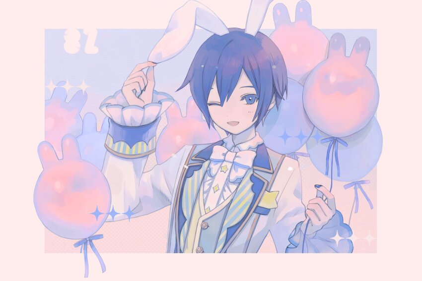 1boy animal_ears balloon blue_eyes blue_hair blue_nails border bow bowtie buttons collar commentary cropped_torso dress_shirt frilled_collar frilled_cuffs frills hair_between_eyes highres jacket kaito_(vocaloid) kemonomimi_mode lapels looking_at_viewer male_focus mo_chi_ro multicolored_jacket multicolored_sleeve_cuffs nail_polish one_eye_closed open_mouth pastel_colors project_sekai rabbit_ears shirt sleeve_cuffs smile solo sparkle star_(symbol) two-sided_fabric two-sided_jacket upper_body vest vocaloid white_border white_bow white_bowtie white_jacket white_shirt wonderlands_x_showtime_kaito