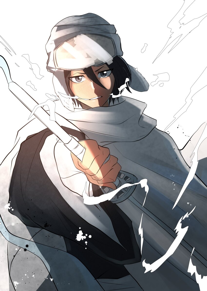 1girl absurdres black_hair black_kimono bleach bleach:_sennen_kessen-hen breath cloak dutch_angle fur_hat goggles goggles_on_head hair_between_eyes hat highres holding holding_sword holding_weapon japanese_clothes kimono kuchiki_rukia looking_at_viewer parted_lips purple_eyes shihakusho sode_no_shirayuki_(shikai) solo sword thatamaan turban upper_body ushanka v-shaped_eyebrows weapon white_cloak wide_sleeves zanpakutou