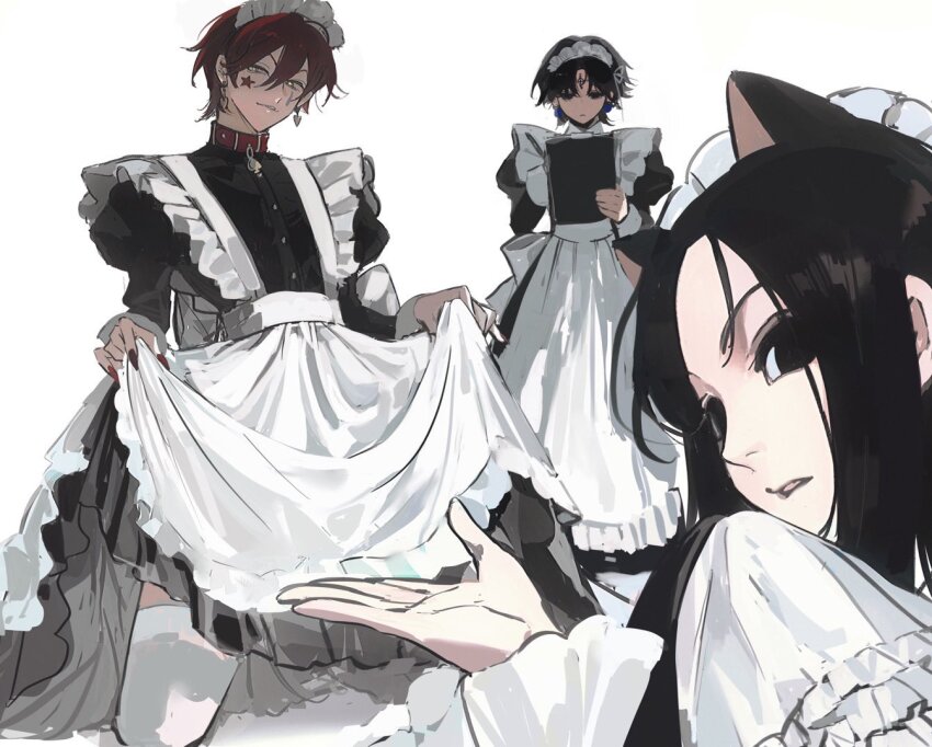 3boys alternate_costume animal_collar animal_ears apron black_dress black_eyes black_hair cat_boy cat_ears chrollo_lucilfer collar crossdressing dress earrings enmaided facepaint facial_mark forehead_mark frilled_apron frills hisoka_morow hunter_x_hunter illumi_zoldyck jewelry juliet_sleeves kneeling long_hair long_sleeves looking_at_viewer maid maid_apron maid_headdress male_focus male_maid mizu1202001 multiple_boys parted_lips puffy_sleeves red_hair short_hair simple_background skirt_hold smile star_(symbol) star_facial_mark teardrop_facial_mark thighhighs white_apron white_background yellow_eyes