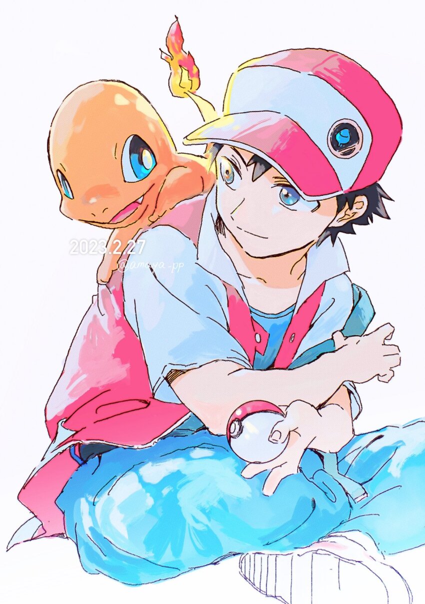 1boy amaya_uw baseball_cap black_hair blue_eyes charmander closed_mouth commentary_request gen_1_pokemon hat highres holding holding_poke_ball jacket male_focus nintendo open_clothes open_jacket pants pink_headwear pink_jacket poke_ball poke_ball_(basic) pokemon pokemon_(creature) pokemon_on_back pokemon_rgby red_(pokemon) shirt shoes short_hair simple_background smile white_background white_footwear