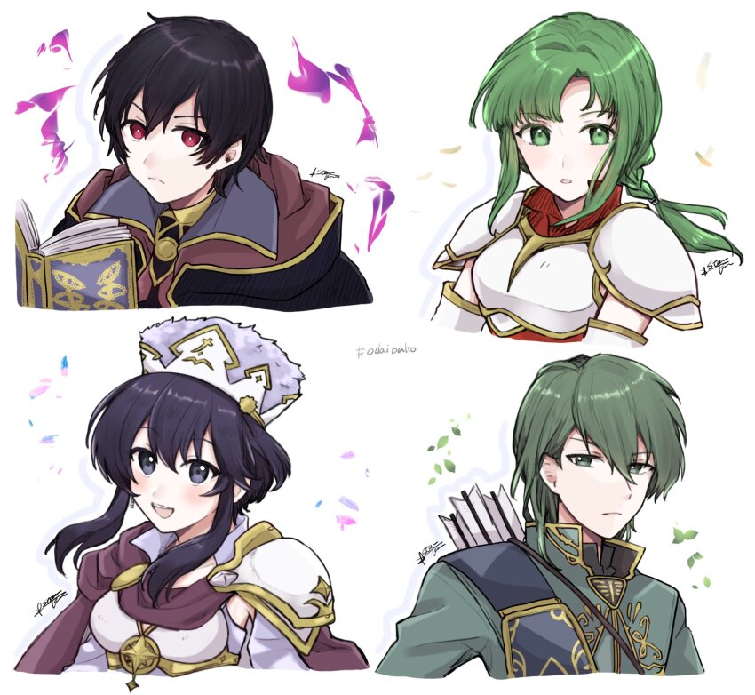 2boys 2girls :d armor arrow_(projectile) asymmetrical_bangs aura black_eyes black_hair book breastplate commentary_request cropped_torso dark_aura fire_emblem fire_emblem:_genealogy_of_the_holy_war fire_emblem:_the_sacred_stones fire_emblem_awakening fire_emblem_heroes gold_trim green_eyes green_hair high_collar highres holding holding_book innes_(fire_emblem) larcei_(fire_emblem) larcei_(scion)_(fire_emblem) looking_at_viewer misato_hao male_morgan_(fire_emblem) multiple_boys multiple_girls nintendo official_alternate_costume open_book open_mouth pauldrons red_eyes short_hair shoulder_armor sidelocks simple_background smile vanessa_(fire_emblem) white_background