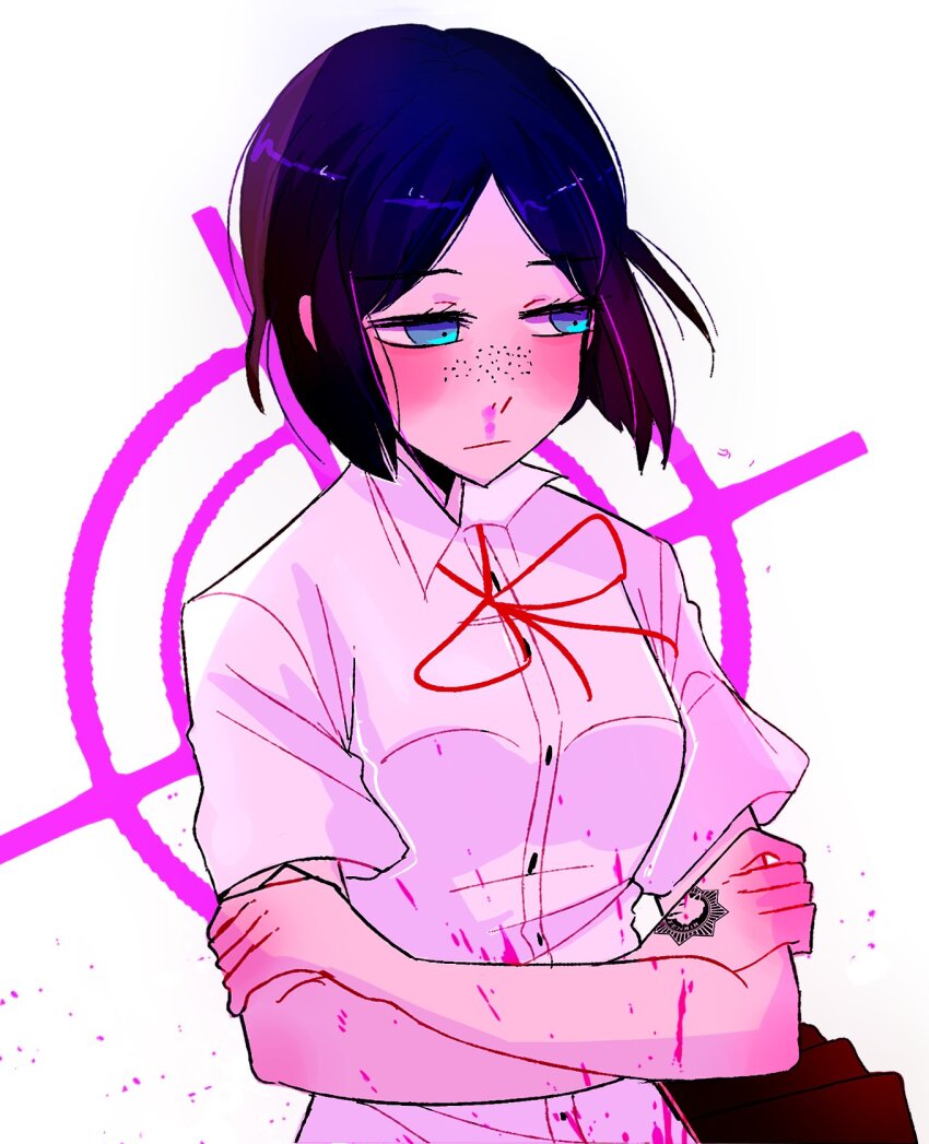 1girl black_hair blood blood_on_clothes blood_on_face blood_on_hands blood_splatter blue_eyes blush bow breasts brown_skirt closed_mouth crossed_arms danganronpa:_trigger_happy_havoc danganronpa_(series) eyebrows eyelashes female_focus freckles hand_tattoo highres huyandere ikusaba_mukuro medium_breasts multicolored_background neck_ribbon nosebleed parted_bangs parted_hair pink_background pink_blood red_bow red_ribbon ribbon shirt short_sleeves simple_background skirt solo tattoo tattoo_on_hand white_background white_shirt