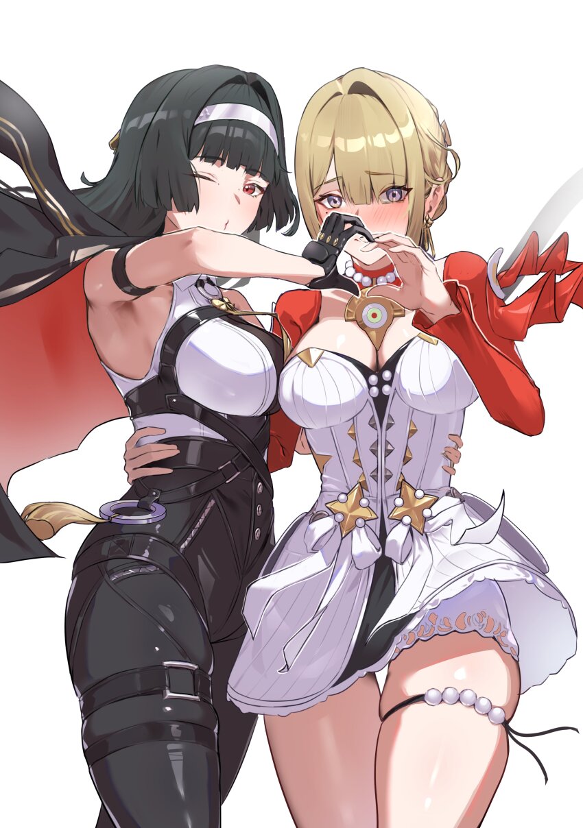 2girls absurdres arm_strap astra_yao astra_yao_(cosplay) black_hair blunt_sidelocks cosplay costume_switch earrings evelyn_chevalier evelyn_chevalier_(cosplay) hairband harness high-waist_pants highres jacket jewelry multiple_girls necklace necktie pants pearl_necklace red_jacket tight_clothes tight_pants uneven_bangs white_hairband yellow_necktie yoruta_(yossy_puyo_holo) zenless_zone_zero