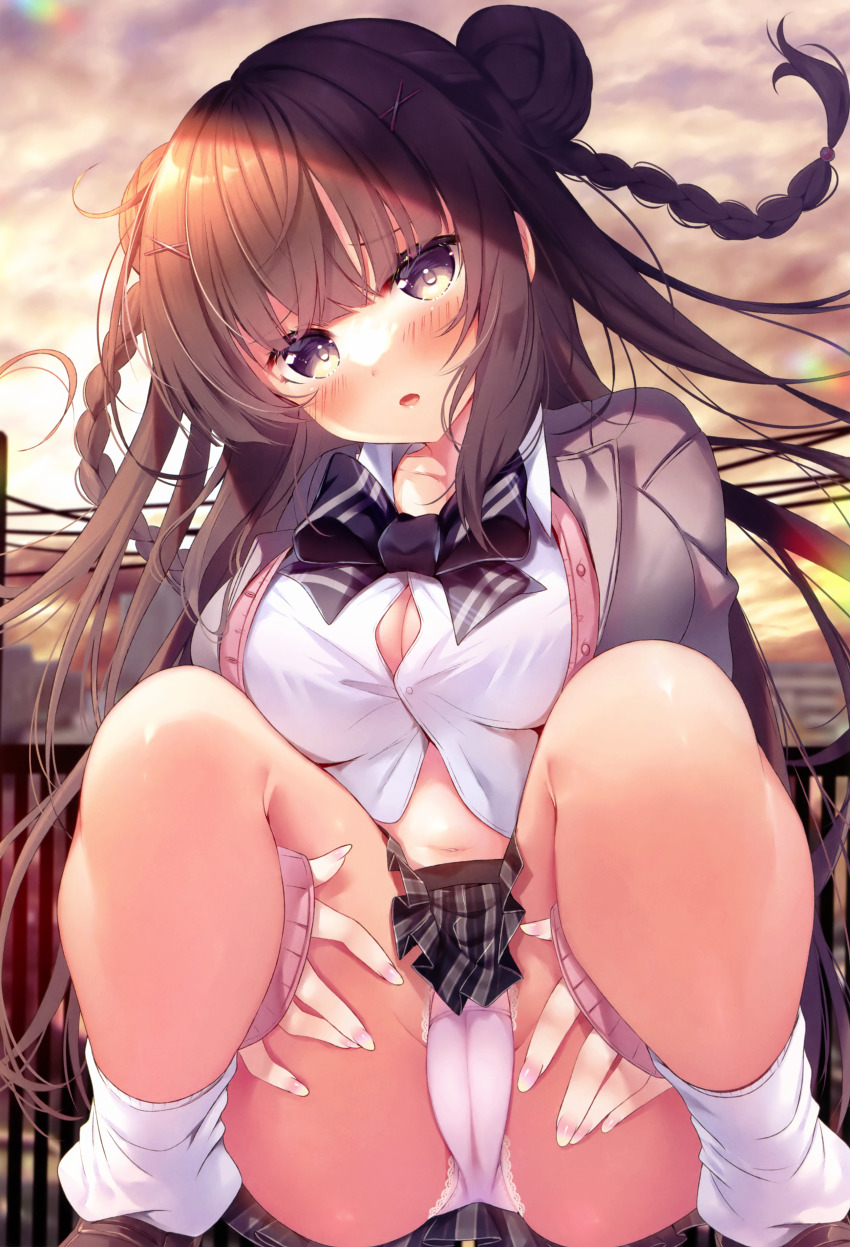 1girl absurdres ass black_skirt blurry blurry_background blush braid breasts brown_eyes brown_hair bursting_breasts cameltoe cleavage clothes_lift double_bun evening grabbing_own_thigh grey_jacket hair_bun highres jacket ko_yu large_breasts long_hair looking_at_viewer navel open_mouth original outdoors panties pink_panties plaid_clothes plaid_skirt pleated_skirt railing school_uniform shirt sidelocks skirt skirt_lift socks solo squatting sweater thighs twin_braids underwear white_shirt