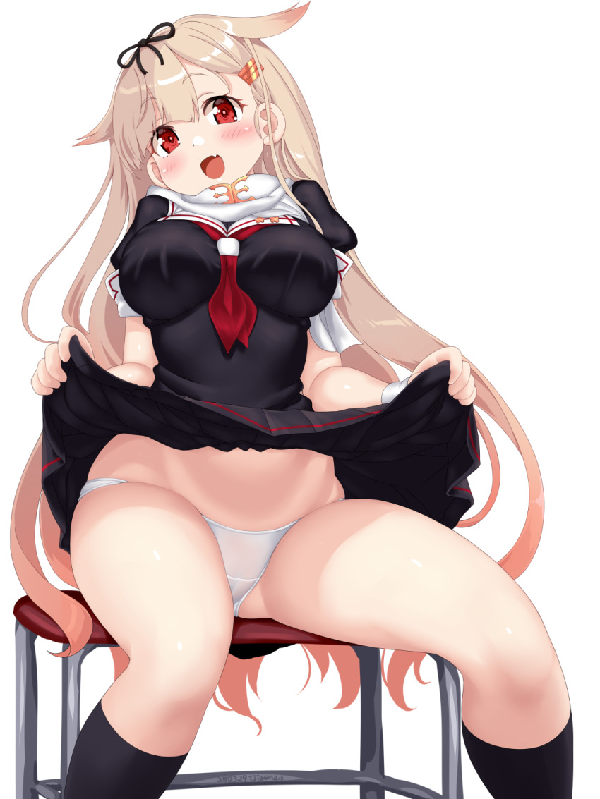 1girl black_shirt black_skirt black_socks blush brown_hair clothes_lift dd_(ijigendd) hair_ornament hair_ribbon hairclip highres kantai_collection long_hair looking_at_viewer open_mouth orange_hair panties red_eyes ribbon school_uniform shirt sitting skirt skirt_lift smile socks solo thighs underwear very_long_hair white_background white_panties yuudachi_(kancolle)