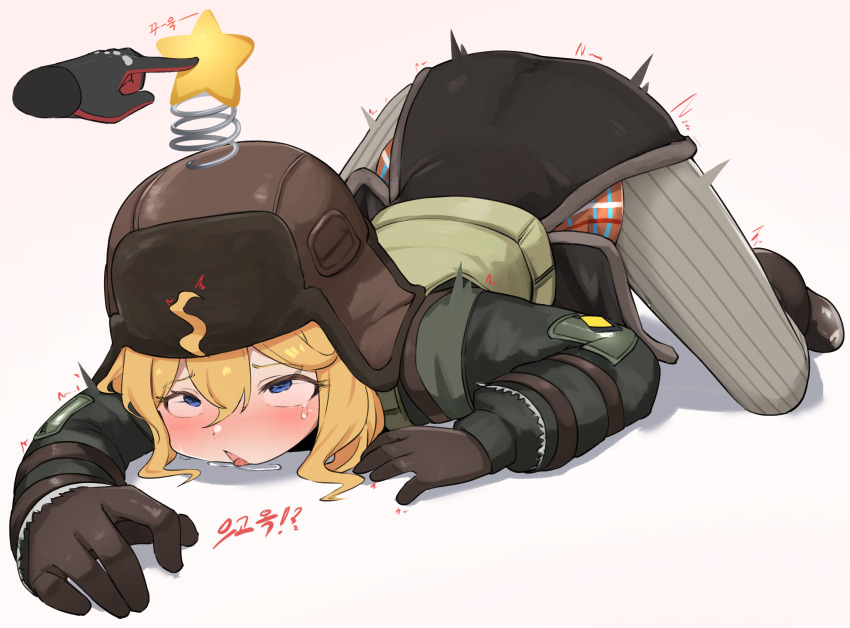1boy 1girl all_fours blonde_hair blue_eyes blush boots daebom disembodied_hand full_body fur_hat girls&#039;_frontline girls&#039;_frontline_2:_exilium gloves hat hat_ornament highres korean_text littara_(girls&#039;_frontline_2) medium_hair pantyhose rolling_eyes saliva star_(symbol) star_hat_ornament striped_clothes striped_pantyhose tongue tongue_out top-down_bottom-up twitching ushanka vertical-striped_clothes vertical-striped_pantyhose wkp_(girls&#039;_frontline)