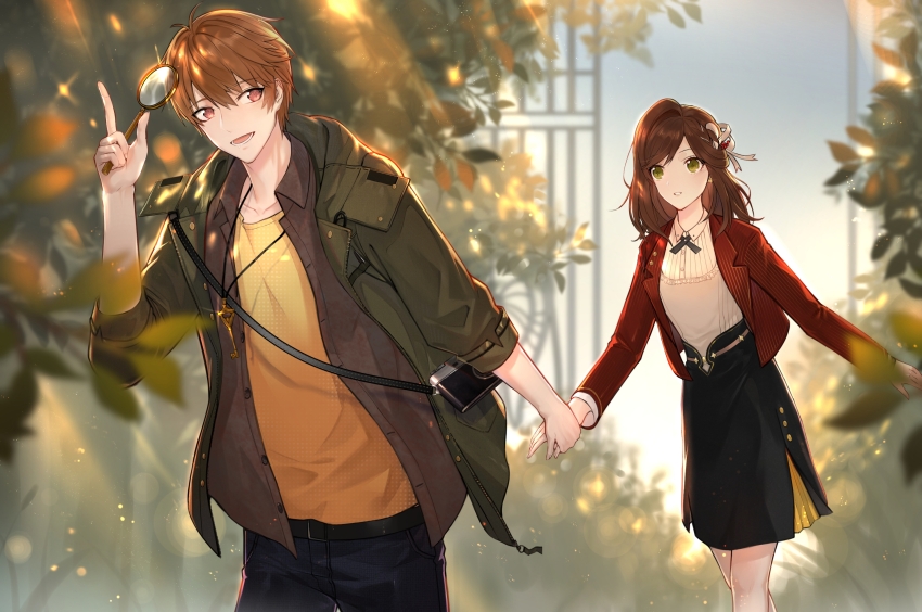 1boy 1girl :d belt black_belt black_pants black_skirt brown_hair brown_shirt bush camera chinese_commentary collared_shirt cowboy_shot day eye_contact green_eyes green_jacket hair_between_eyes hair_ribbon hand_up highres holding holding_hands holding_magnifying_glass index_finger_raised jacket jewelry key key_necklace lanyard lapels light_particles long_hair long_sleeves looking_at_another looking_back luke_pearce_(tears_of_themis) magnifying_glass necklace notched_lapels open_clothes open_jacket open_mouth open_shirt orange_eyes outstretched_arm pants parted_lips red_jacket ribbon rosa_(tears_of_themis) shirt short_hair skirt smile sunlight swept_bangs t-shirt tears_of_themis three-quarter_sleeves tree white_ribbon white_shirt yellow_shirt yu-x zipper zipper_pull_tab
