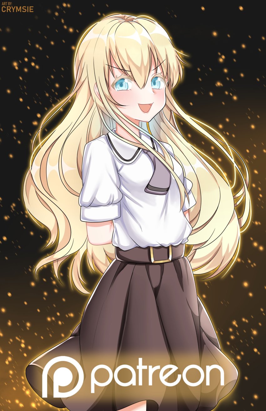 1girl absurdres arms_behind_back artist_name asobi_asobase belt blonde_hair blue_eyes blush brown_skirt collared_shirt female_focus highres long_hair looking_at_viewer olivia_(asobi_asobase) open_mouth patreon_logo rachel_bouvier shirt short_sleeves skirt smile smug solo very_long_hair watermark white_shirt
