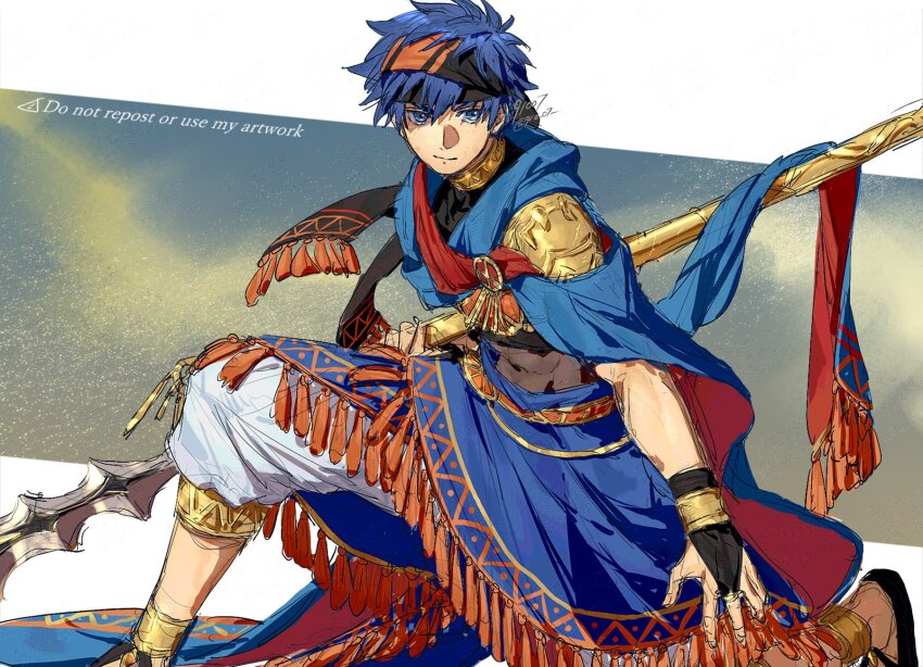 1boy 91007 artist_name blue_eyes blue_hair bridal_gauntlets commentary_request fire_emblem fire_emblem:_path_of_radiance fire_emblem_heroes highres holding holding_polearm holding_weapon ike_(fire_emblem) ike_(jehanna)_(fire_emblem) male_focus nintendo official_alternate_costume polearm short_hair solo twitter_username two-sided_fabric weapon