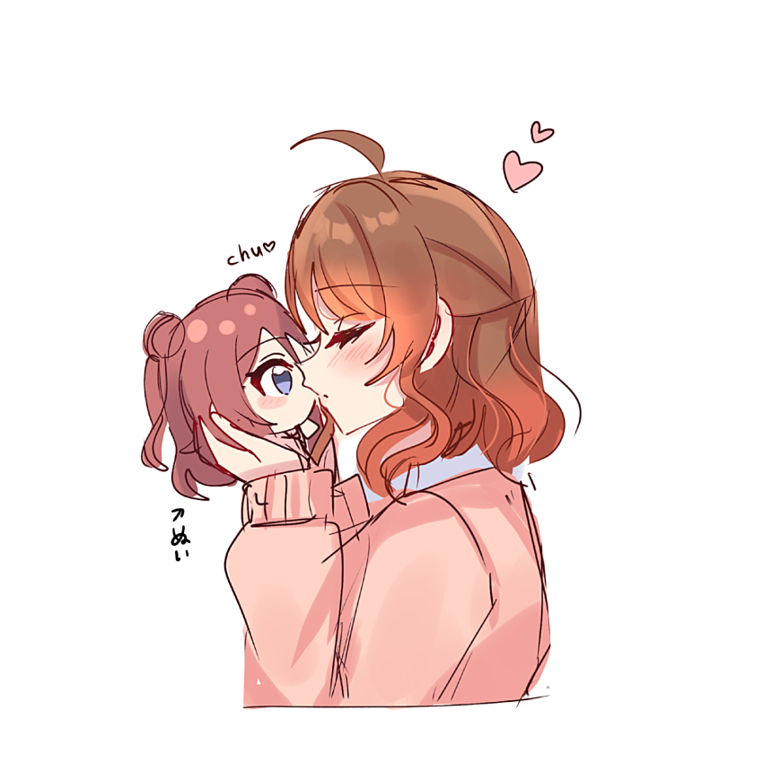 2girls ahoge blue_eyes blush brown_hair cardigan character_doll closed_eyes closed_mouth cropped_torso curly_hair double_bun from_side gakuen_idolmaster hair_bun half_updo hanami_saki hanami_ume hands_up hatsuboshi_gakuen_school_uniform heart highres idolmaster in_palm incest kiss long_sleeves multiple_girls pink_cardigan profile red_hair school_uniform shiroiro_obake short_hair siblings simple_background sisters sketch translation_request u_u white_background yuri