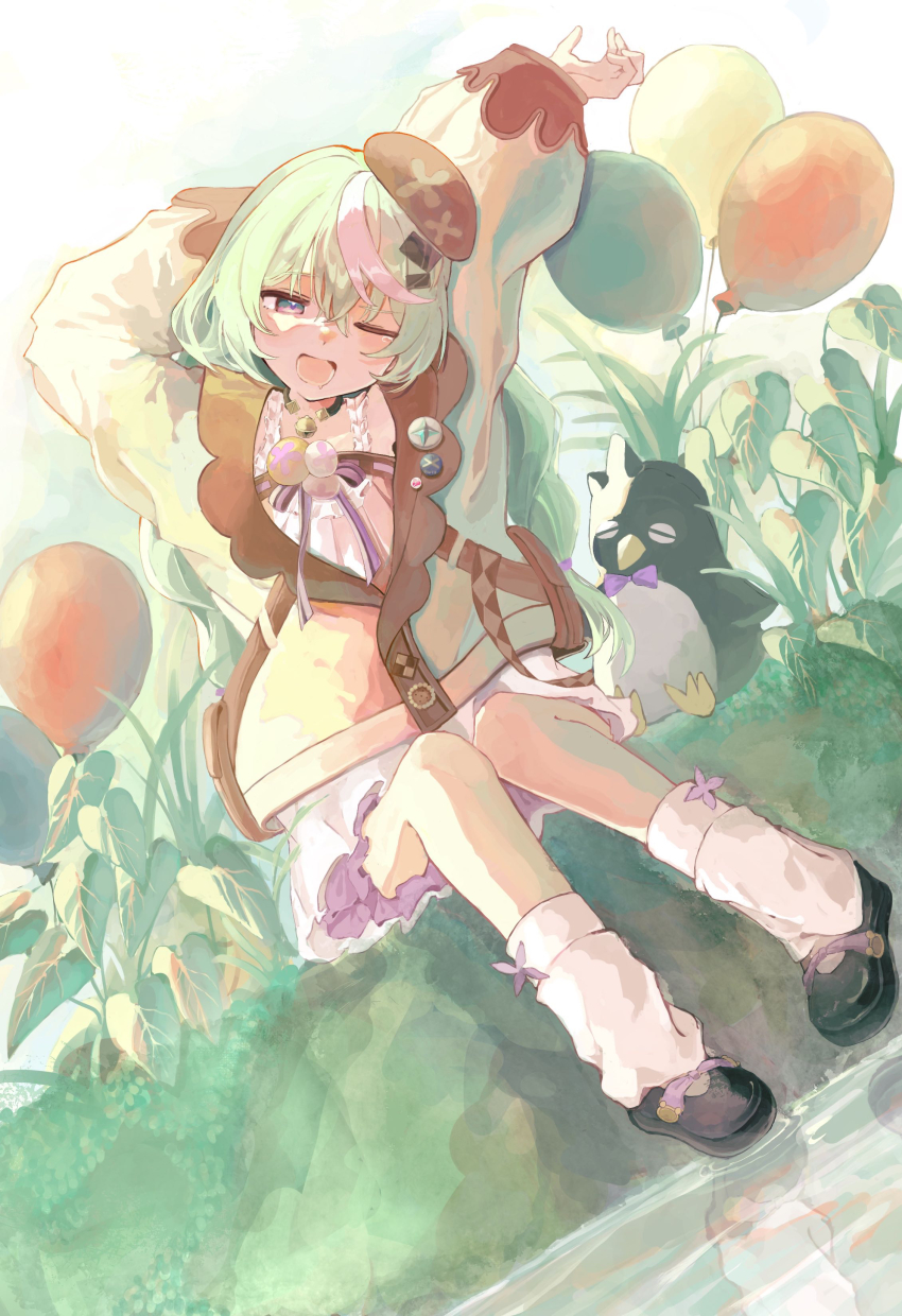 1girl ;d absurdres arms_up beret black_shoes brown_hat commentary_request day drooling dutch_angle frilled_shirt_collar frills full_body green_hair hat head_tilt highres kneehighs long_sleeves loose_socks lower_teeth_only medium_hair minamisuwari miniskirt mouth_drool multicolored_hair nazuna_(stella_sora) one_eye_closed open_mouth outdoors puffy_long_sleeves puffy_sleeves reflection ripples shirt shoes sidelighting sitting skirt smile socks solo stella_sora streaked_hair stretching teeth waking_up water white_hair white_shirt white_skirt white_socks white_streaks