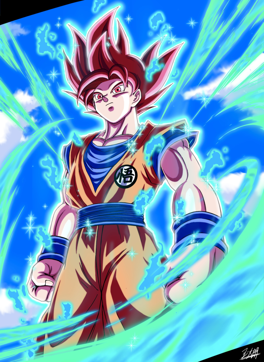 1boy absurdres blue_sky cloud cloudy_sky dougi dragon_ball dragon_ball_super dragon_ball_z_kami_to_kami dragonball_z fuzitaro_goku highres male_focus orange_dougi red_eyes red_hair scene_reference sky solo solo_focus son_goku super_saiyan super_saiyan_god