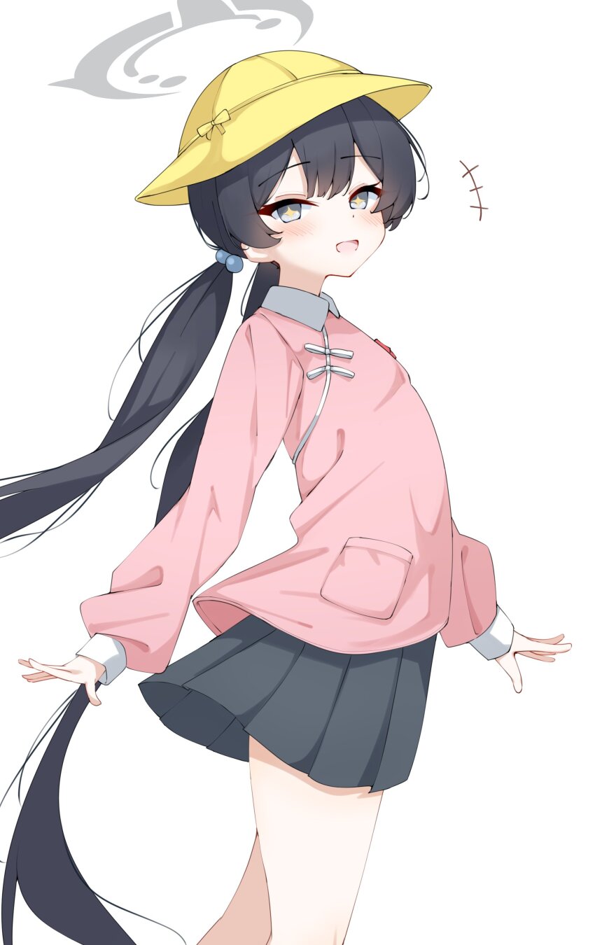 1girl absurdres black_hair black_skirt blue_archive grey_eyes grey_halo hair_bobbles hair_ornament halo hat highres kabocya_na kindergarten_uniform kisaki_(blue_archive) kisaki_(kindergarten_uniform)_(blue_archive) long_hair low_twintails out_of_character pink_shirt pleated_skirt school_hat shirt simple_background skirt solo twintails white_background yellow_hat
