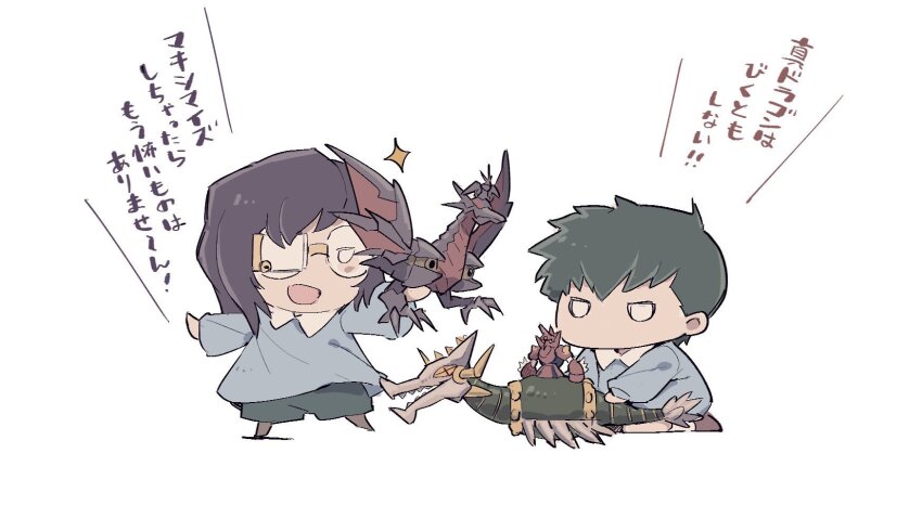2boys aged_down black_hair blank_eyes blue_shirt chibi chibi_only collar dragon getter_robo glass gou_saotome hanahiyo_(hoimin) highres holding holding_toy horatio_kojass kindergarten kindergarten_uniform knight&#039;s_&amp;_magic long_sleeves mecha multiple_boys no_mouth no_pupils non-humanoid_robot open_mouth purple_hair robot shin_getter_dragon shin_getter_robo shirt short_hair shorts sidelocks super_robot_wars super_robot_wars_30 toddler toy translation_request white_collar wyver_(knight&#039;s_&amp;_magic) wyvern