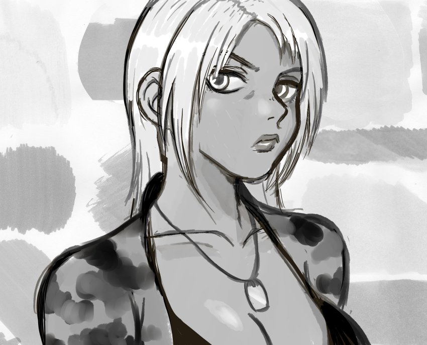 1girl abstract_background bad_id bad_twitter_id bikini breasts camouflage cleavage collarbone dark-skinned_female dark_skin dog_tags forehead greyscale highres large_breasts lips long_hair monochrome solo swimsuit upper_body vanessa_lewis very_dark_skin virtua_fighter virtua_fighter_5 white_background white_hair wikipetan
