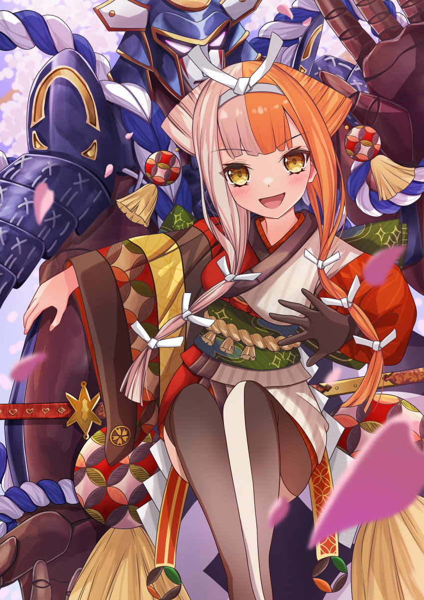 1girl absurdres armor asymmetrical_sleeves blunt_bangs breasts fate/grand_order fate_(series) helmet highres hiiro_monaka izumo_no_okuni_(fate) japanese_armor japanese_clothes kabuto_(helmet) kimono long_hair multicolored_hair multicolored_kimono ribbon smile split-color_hair thighs two-tone_hair two-tone_thighhighs wide_sleeves yellow_eyes zanzaburou_(fate)