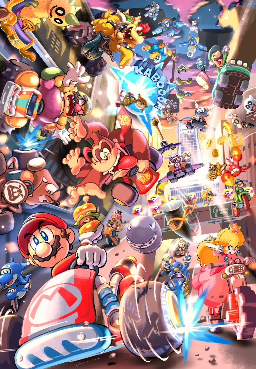 ?_block american_football_helmet blue_shell_(mario) bowser bullet_bill burger cataquack chargin&#039;_chuck cheep_cheep coin coin_coffer conkdor crown dolphin_(super_mario_world) donkey_kong dress drifting explosion facial_hair fish_bone_(mario) flying food gloves go-kart goomba hammer hammer_bro hat helmet highres holding holding_wand horns item_box_(mario) kamek king_boo luigi maribou_(supermaribou) mario mario_(series) mario_kart mario_kart_world monocle monty_mole moo_moo_(mario) motor_vehicle motorcycle mustache nabbit necktie nintendo overalls para-biddybud penguin_(mario) pianta pink_dress piranha_plant pokey_(mario) princess_peach racing red_necktie rocky_wrench scared sidestepper snowman_(mario_kart_tour) spike_(mario) stingby swoop_(mario) throwing throwing_weapon tongue tongue_out top_hat twitter_username wand wario white_gloves