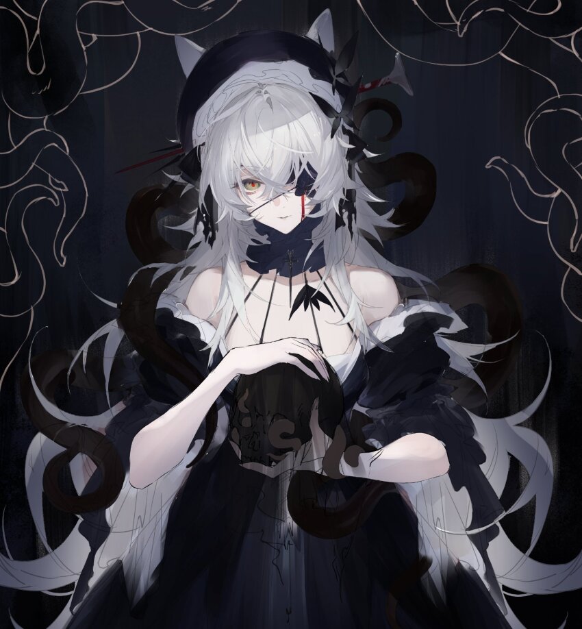 1girl animal_ears bags_under_eyes black_dress blood bloody_tears border breasts cat_ears cleavage collar crossed_bangs detached_sleeves double-parted_bangs dress eyepatch frilled_sleeves frills hair_over_shoulder hat head_tilt highres impaled indie_virtual_youtuber injury long_hair looking_at_viewer magic mari_the_hybrid medical_eyepatch nail_(hardware) orb ornate_border red_pupils sidelocks string tentacle_print very_long_hair wavy_hair white_hair yellow_eyes yoimon