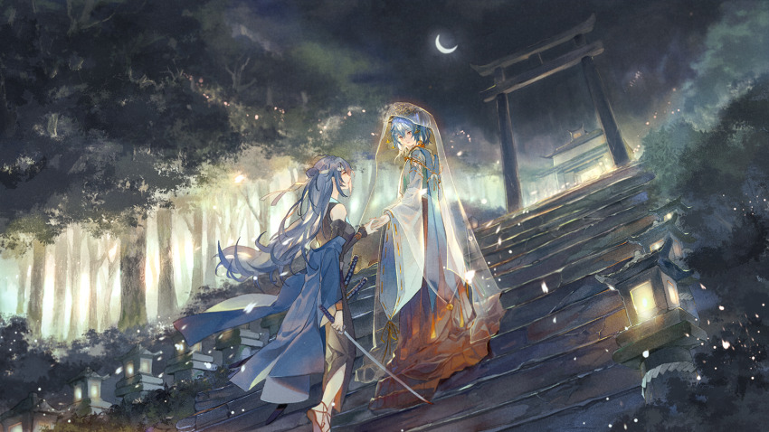 2girls bare_shoulders bili_girl_22 bili_girl_33 bilibili blue_eyes blue_hair chinese_clothes closed_mouth crescent_moon detached_sleeves dress forest highres holding holding_hands holding_sword holding_weapon lantern long_hair long_sleeves looking_at_another moon multiple_girls nature night night_sky outdoors skirt sky smile stairs standing sword torii tree veil weapon wide_sleeves yinzinmiemie
