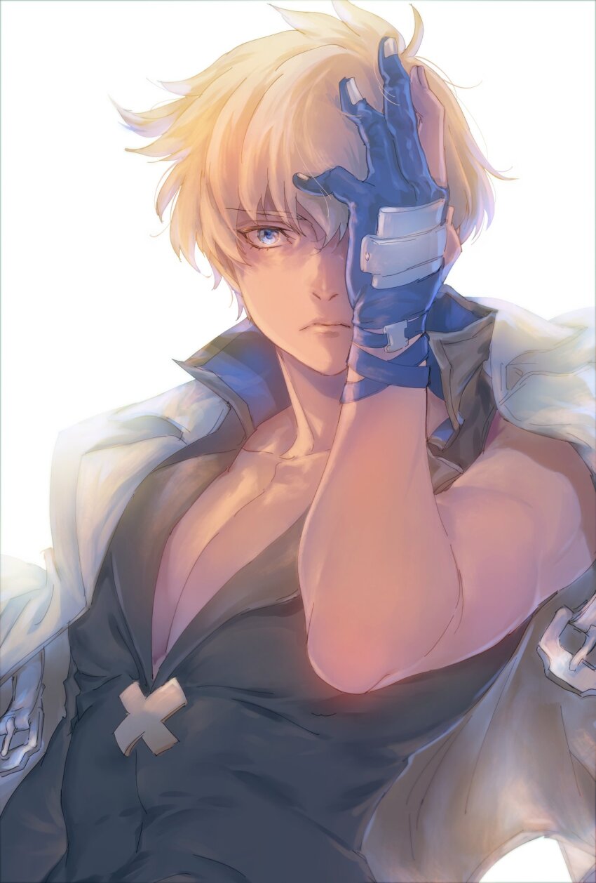 1boy arm_up black_shirt blonde_hair blue_eyes blue_gloves closed_mouth collarbone commentary_request frown gloves guilty_gear guilty_gear_strive hair_between_eyes high_collar highres jacket jacket_on_shoulders kin_mokusei ky_kiske looking_ahead male_focus one_eye_covered open_clothes open_shirt partially_fingerless_gloves pectoral_cleavage pectorals popped_collar shirt short_hair simple_background single_bare_shoulder sleeveless solo two-sided_fabric upper_body white_background white_jacket