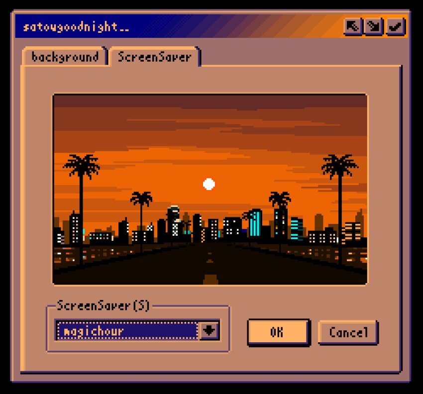 building dusk microsoft_windows no_humans orange_theme original palm_tree pov reflection reflective_water retro_artstyle road satowmrmr skyline skyscraper sun sunset tree user_interface water window_(computing) windows_95 windows_98 windows_classic