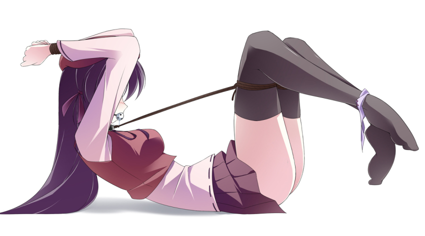 1girl ball_gag bdsm black_hair black_thighhighs bondage bound bound_ankles bound_legs bound_wrists collar gag gagged hat long_hair maullarmaullar miniskirt restrained shihou_matsuri skirt slave sola solo thighhighs wiffle_gag
