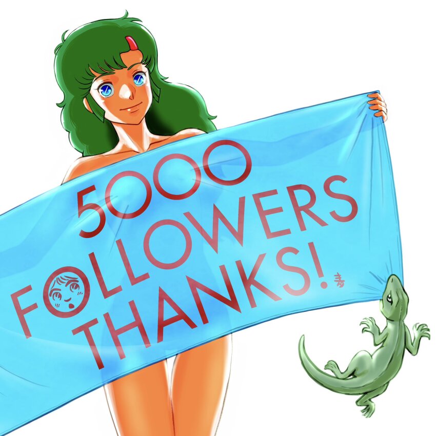 ! aobito_sukoyaka_bystander banner blue_eyes curvy elchi_cargo female_focus fluffy green_hair highres jiron_amos lizard long_hair nipples nude sentou_mecha_xabungle solo