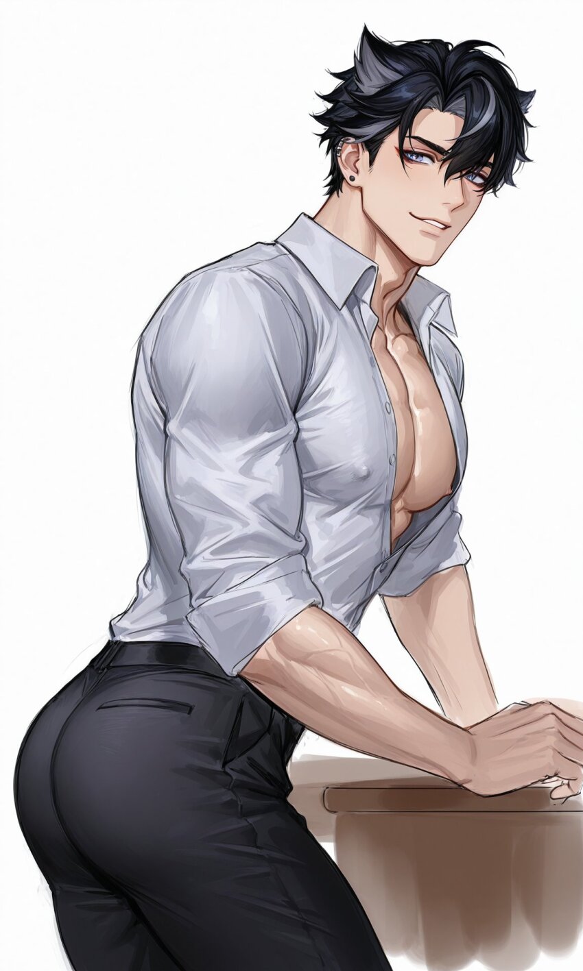 1boy adam&#039;s_apple ayato_ux bare_pectorals belt black_belt black_hair black_pants collarbone collared_shirt commentarty covered_erect_nipples ear_piercing earrings genshin_impact grey_eyes hashtag-only_commentary highres jewelry looking_at_viewer male_focus multicolored_hair open_clothes open_shirt pants parted_hair parted_lips pectoral_cleavage pectorals piercing shirt short_hair sideburns smile solo standing streaked_hair stud_earrings teeth white_background white_shirt wing_collar wriothesley_(genshin_impact)