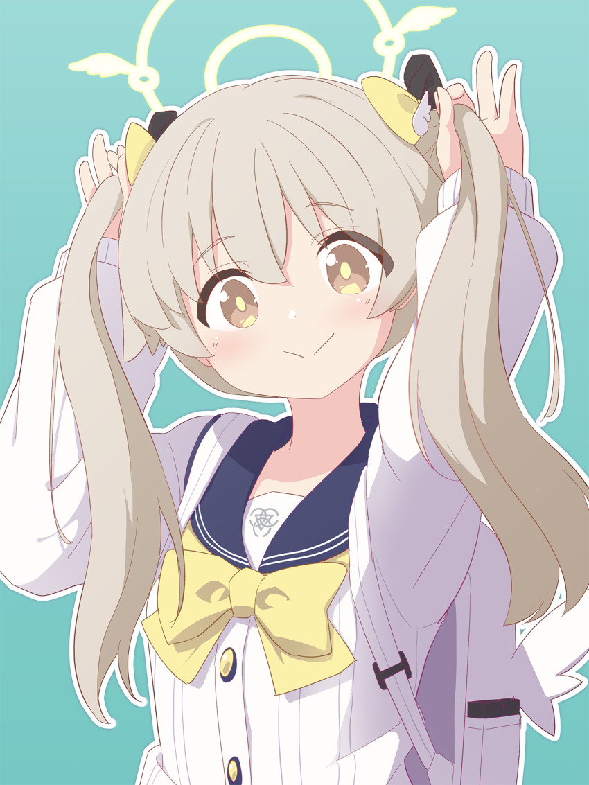 1girl :&gt; alternate_hairstyle aqua_background backpack bag blonde_hair blue_archive blue_sailor_collar bow bowtie bright_pupils brown_eyes buttons cardigan character_backpack commentary hair_ornament halo hands_up head_tilt hifumi_(blue_archive) highres kyousuke_(orcein) light_blush long_sleeves looking_at_viewer outline peroro_(blue_archive) playing_with_own_hair puffy_long_sleeves puffy_sleeves raised_eyebrows sailor_collar solo tareme twintails upper_body white_bag white_cardigan white_outline wing_hair_ornament yellow_bow yellow_bowtie yellow_halo