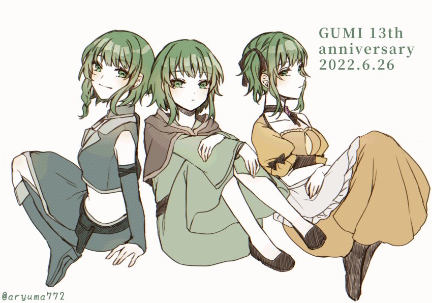 3girls anniversary apron aryuma772 black_choker boots braid breasts brown_capelet capelet choker collarbone crop_top dated detached_collar detached_sleeves dress evillious_nendaiki expressionless flower_choker glassred_no_shouzou_(vocaloid) green_dress green_eyes green_hair grey_shirt gumi gumillia gumina_glassred hands_on_own_stomach high_heel_boots high_heels highres holster hood hooded_capelet knees_together_feet_apart long_dress long_skirt medium_breasts midriff multiple_girls multiple_persona nemesis_no_juukou_(vocaloid) nemesis_sudou orange_dress ponytail shirt short_hair_with_long_locks short_ponytail side_braid side_ponytail side_slit sidelocks sitting skirt smile twitter_username vocaloid wavy_hair