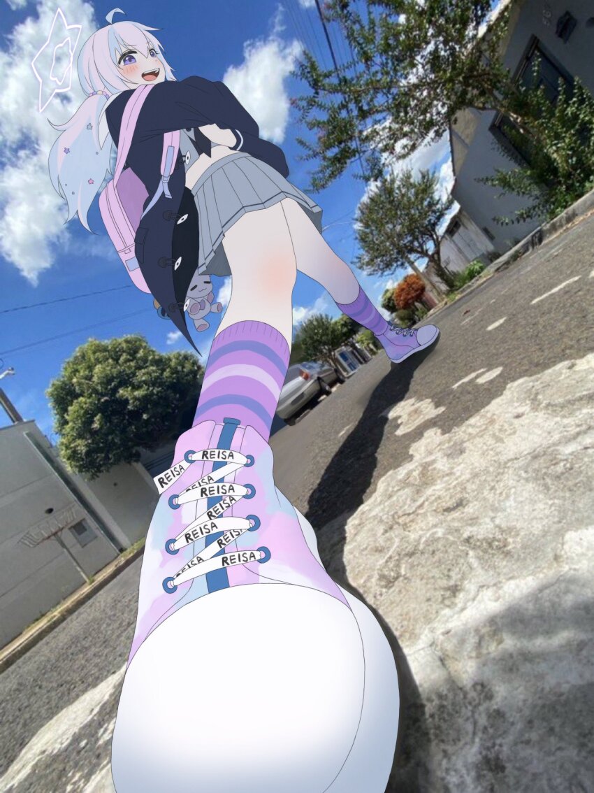 1girl ahoge backpack bag black_jacket blue_archive blue_hair blue_sky blush character_name commentary cross-laced_shoes crossed_arms day foreshortening from_below full_body grey_shirt grey_skirt halo highres jacket long_hair long_sleeves looking_at_viewer looking_down low_twintails mang_722 miniskirt multicolored_hair open_clothes open_jacket open_mouth outdoors photo-referenced photo_background pink_bag pink_hair pink_halo pleated_skirt purple_eyes purple_shoes purple_socks reisa_(blue_archive) shirt shoes skirt sky smile smug sneakers socks solo standing star_halo streaked_hair striped_clothes striped_socks tareme teeth twintails two-tone_hair upper_teeth_only v-shaped_eyebrows